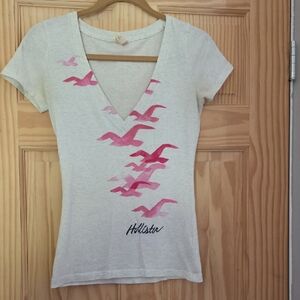 Hollister Cream V-Neck Tee with Pink Bird Pattern